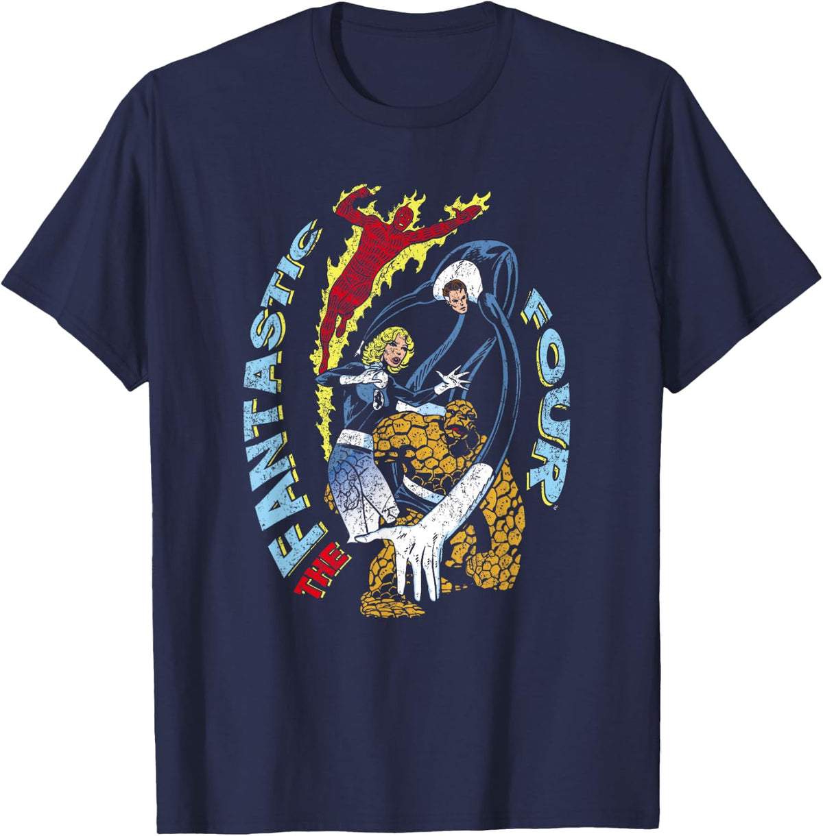 Marvel Fantastic Four Group Shot Comic Distressed Logo T-Shirt - T-Shirt | Navy