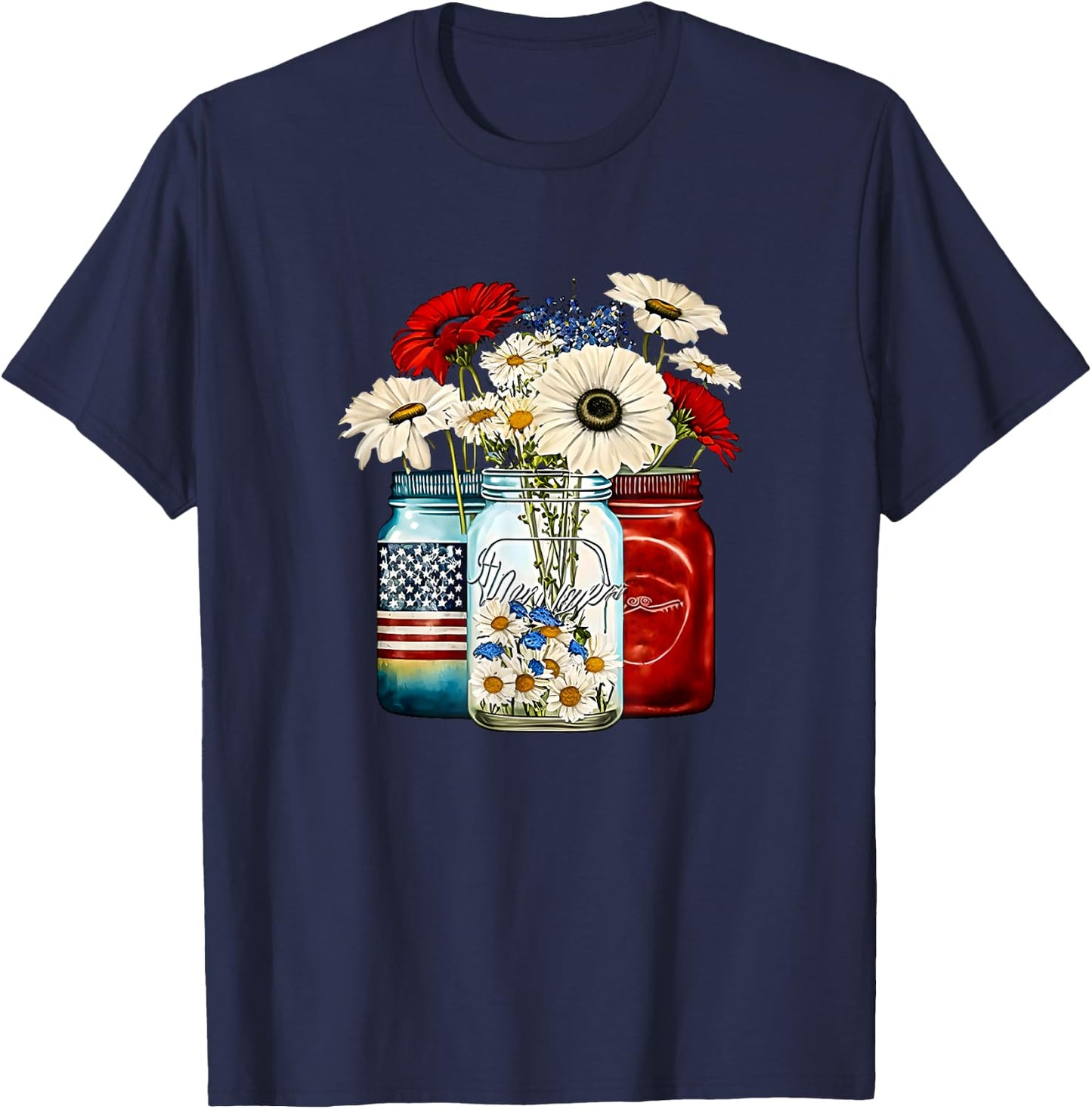 American Patriotic USA Flag Jars with Daisy 4th Of July Men T-Shirt - T-Shirt | Navy