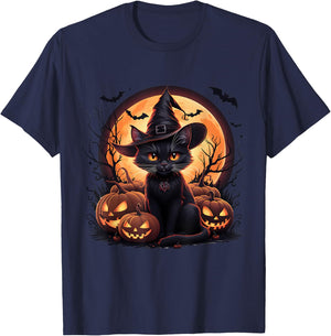 Halloween Black Cat Witch Moon Pumpkins Spooky Lovers Women T-Shirt - T-Shirt | Navy