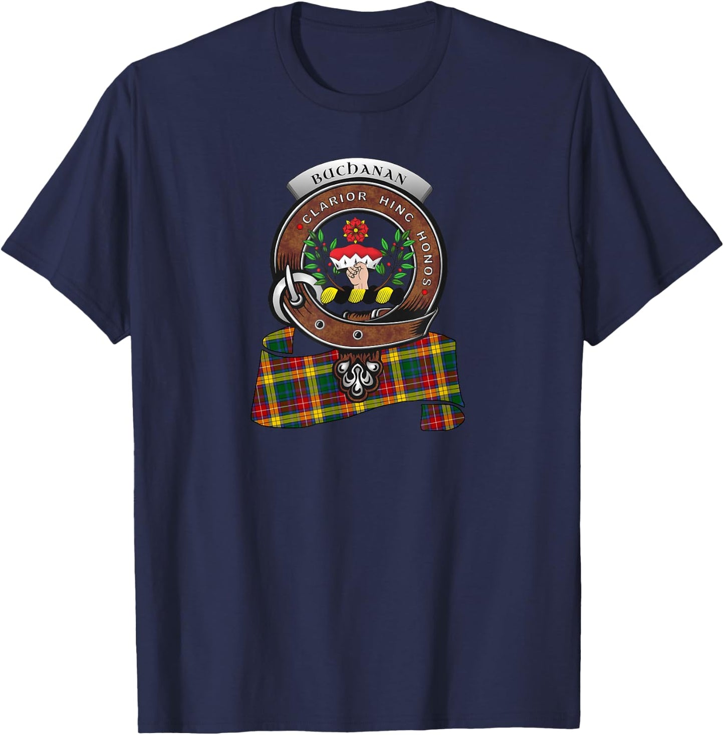 Buchanan Scottish Clan Badge & Tartan T-Shirt - T-Shirt | Navy