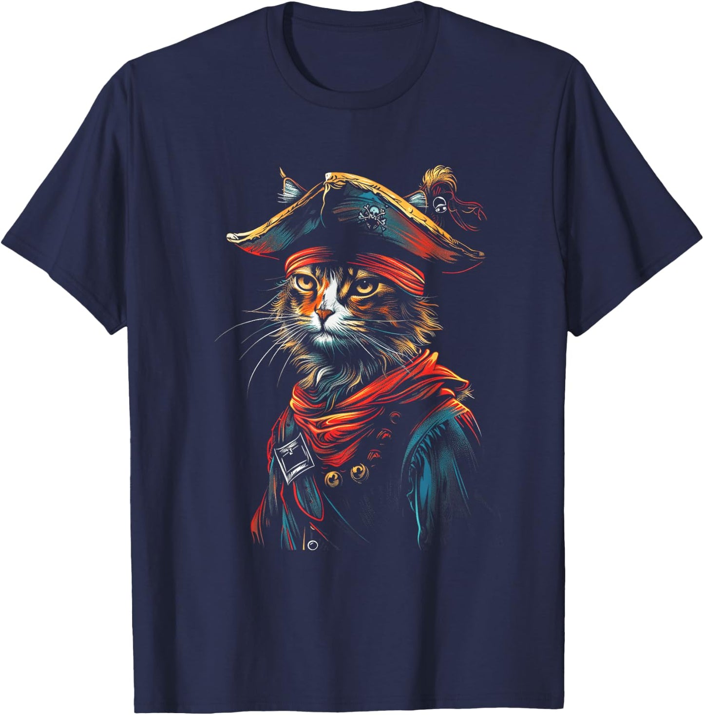 Pet Pirates Nautical Cat Pirate Costume Cat - Black, Small, -Adults, Short Sleeve, , Halloween Cat Pirate T-Shirt - T-Shirt | Navy