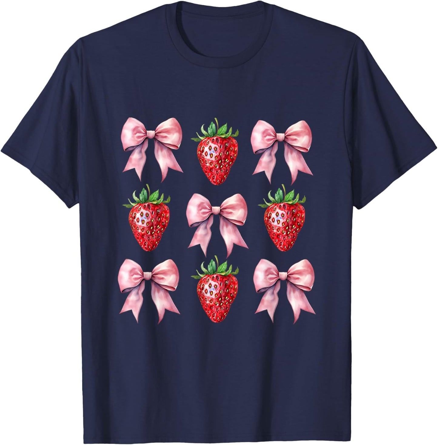 Cute Pink Bow Coquette Strawberry T-Shirt - T-Shirt | Navy