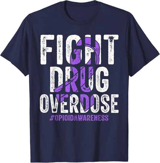 Fight Drug Overdose Purple Ribbon Opioid Overdose Awareness T-Shirt - T-Shirt | Navy