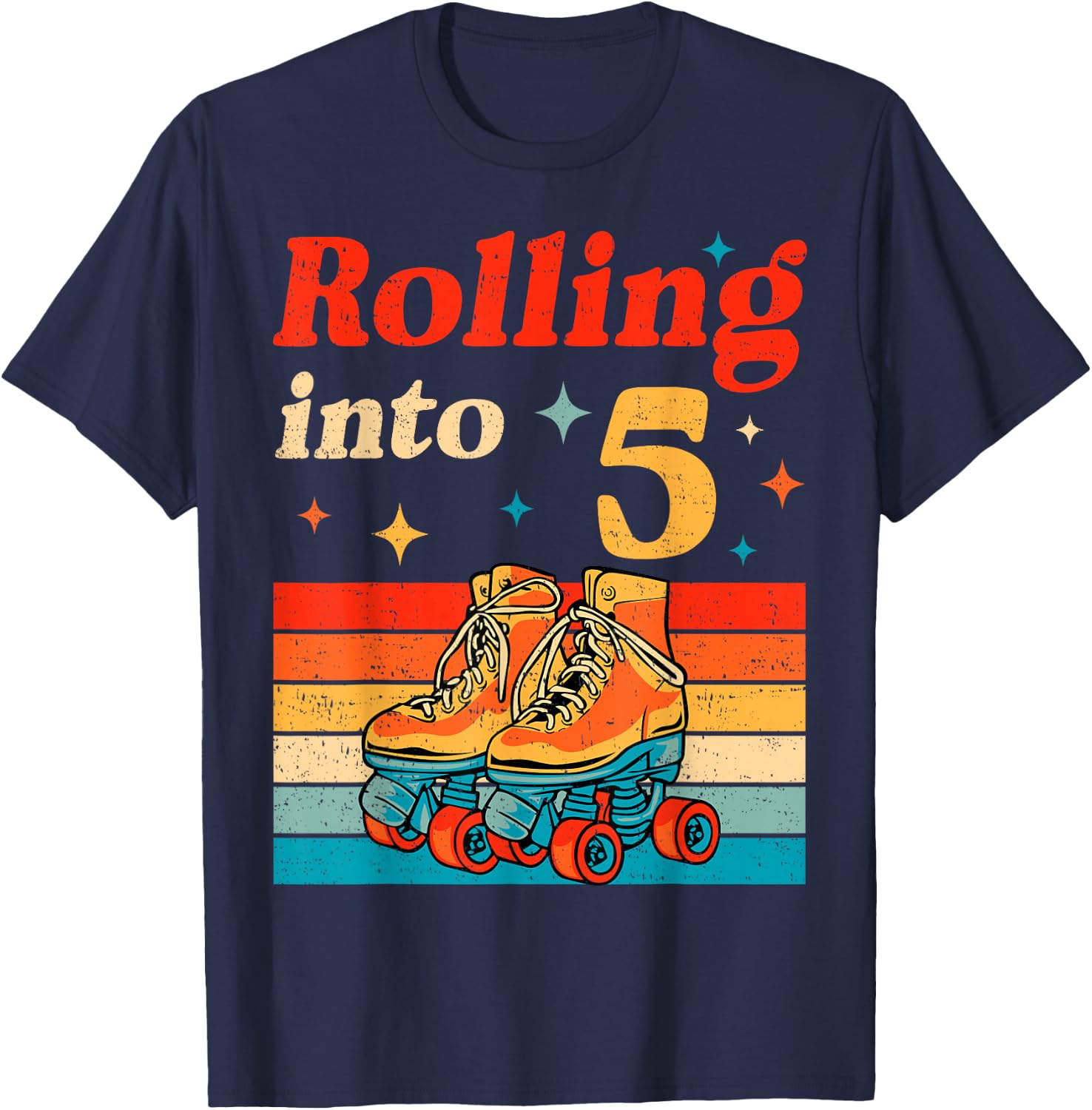 Rolling Into 5 Years Old Retro Roller Skater 5th Birthday T-Shirt - T-Shirt | Navy