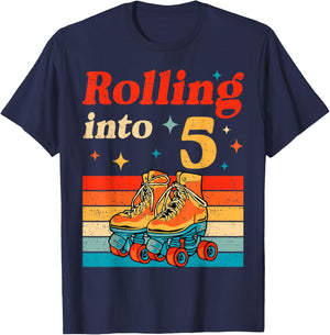 Rolling Into 5 Years Old Retro Roller Skater 5th Birthday T-Shirt - T-Shirt | Navy