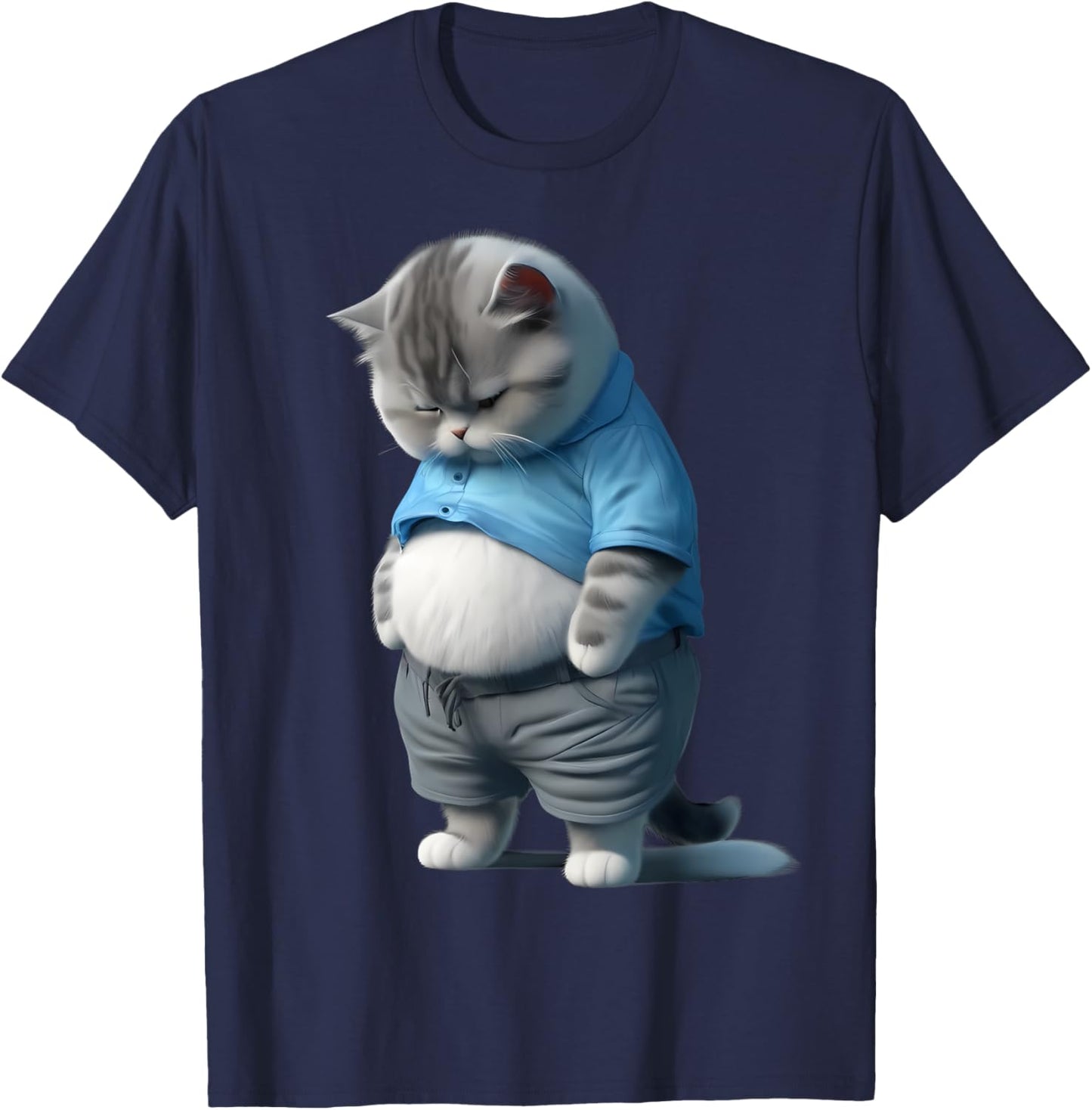 Funny Fat Sad Cat Art Design Fat Kitten Cat Lover Women Kids T-Shirt - T-Shirt | Navy