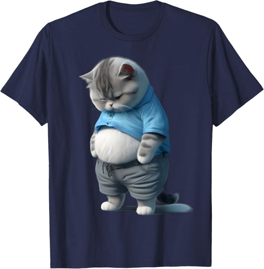 Funny Fat Sad Cat Art Design Fat Kitten Cat Lover Women Kids T-Shirt - T-Shirt | Navy