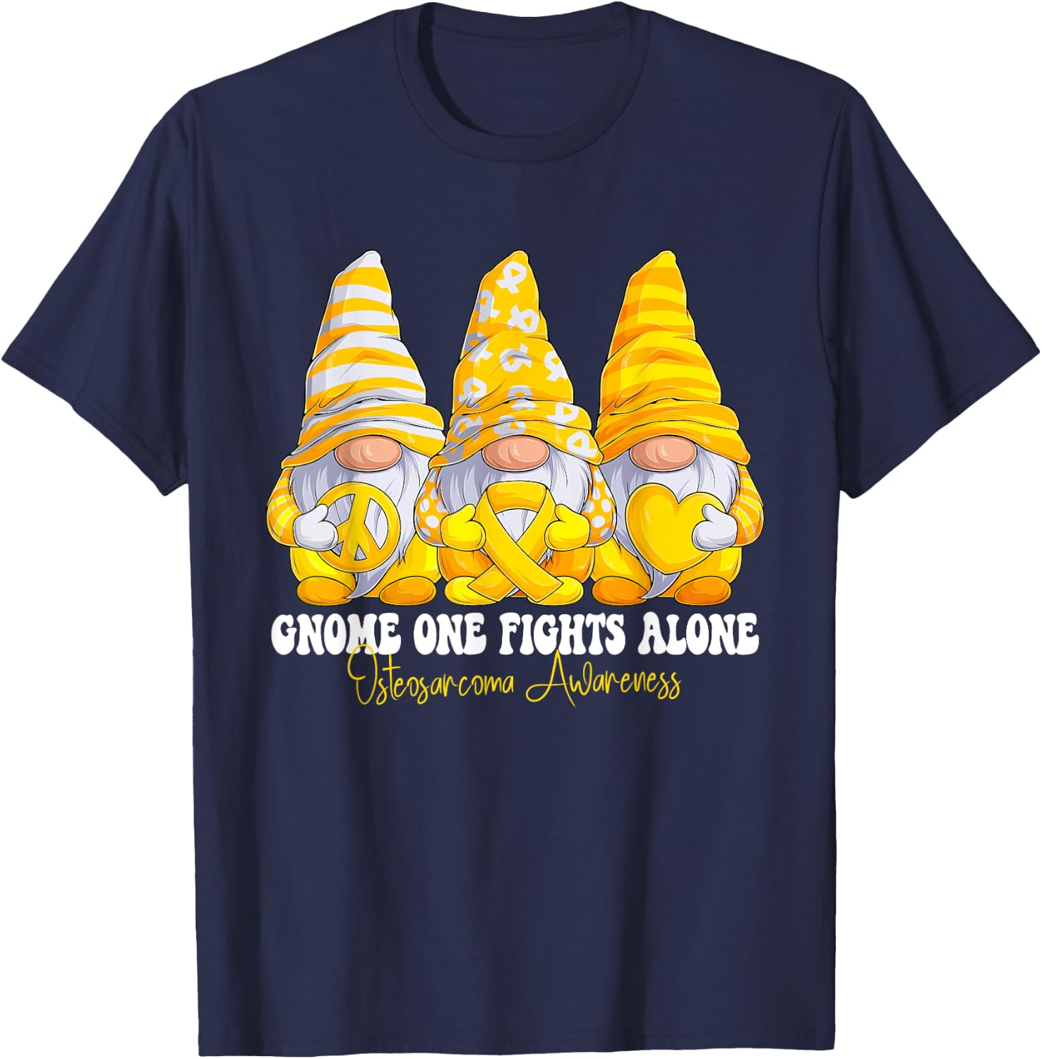 Osteosarcoma Awareness Month Yellow Ribbon Gnomies Support T-Shirt - T-Shirt | Navy