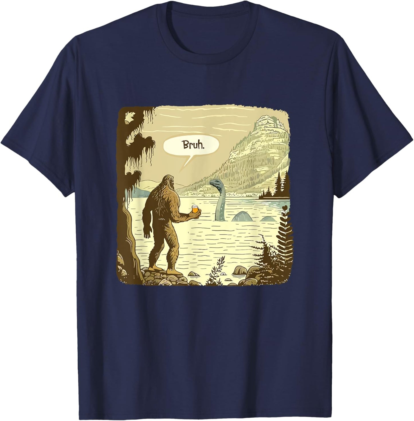 Funny Bigfoot and Nessie Bruh Moment Beer T-Shirt - T-Shirt | Navy