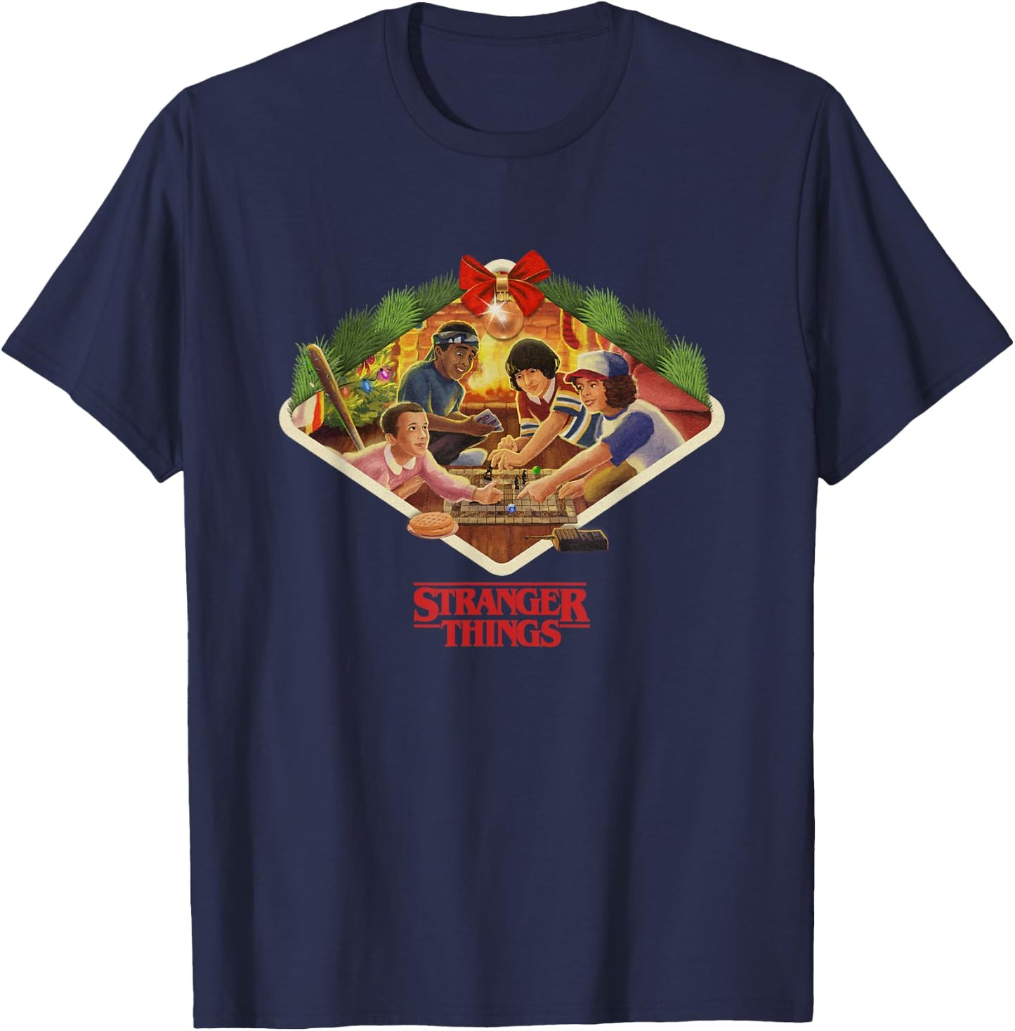 Stranger Things Christmas Main Characters Cozy Chest Frame T-Shirt - T-Shirt | Navy