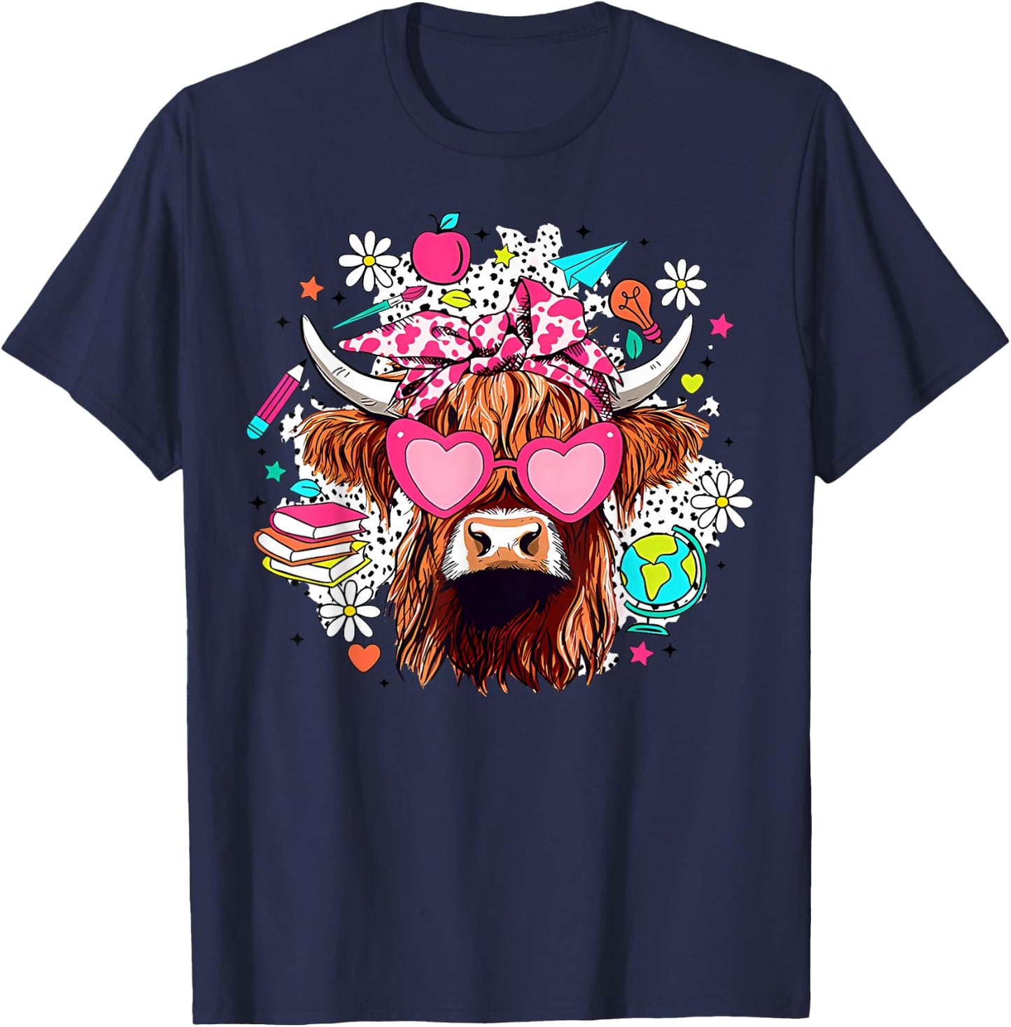 Retro Cute Highland Cow Teacher Bow Flower Heart Glasses T-Shirt - T-Shirt | Navy