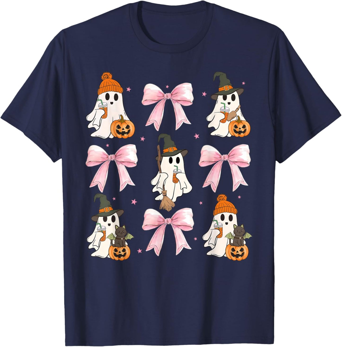 Pink Bow Cute Coquette Ghost Drinking Coffee Funny Halloween T-Shirt - T-Shirt | Navy