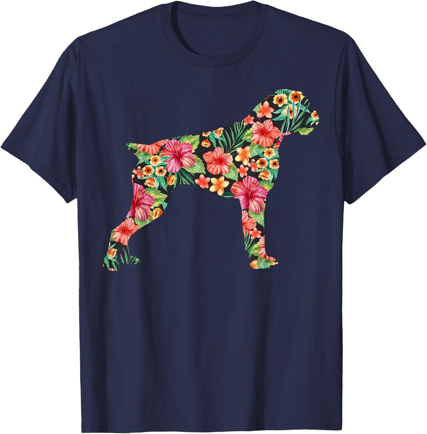 Boxer Flower Funny Dog Silhouette Floral Gifts Women Men T-Shirt - T-Shirt | Navy