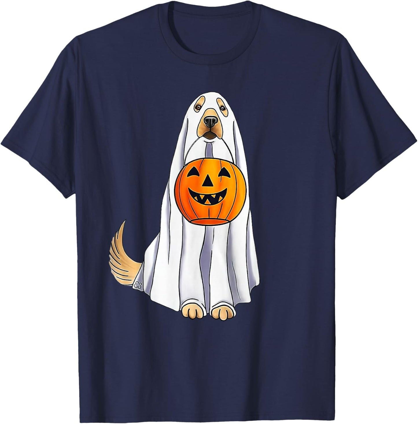 Funny Halloween Golden Retriever Dog Ghost and Pumpkin Women T-Shirt - T-Shirt | Navy