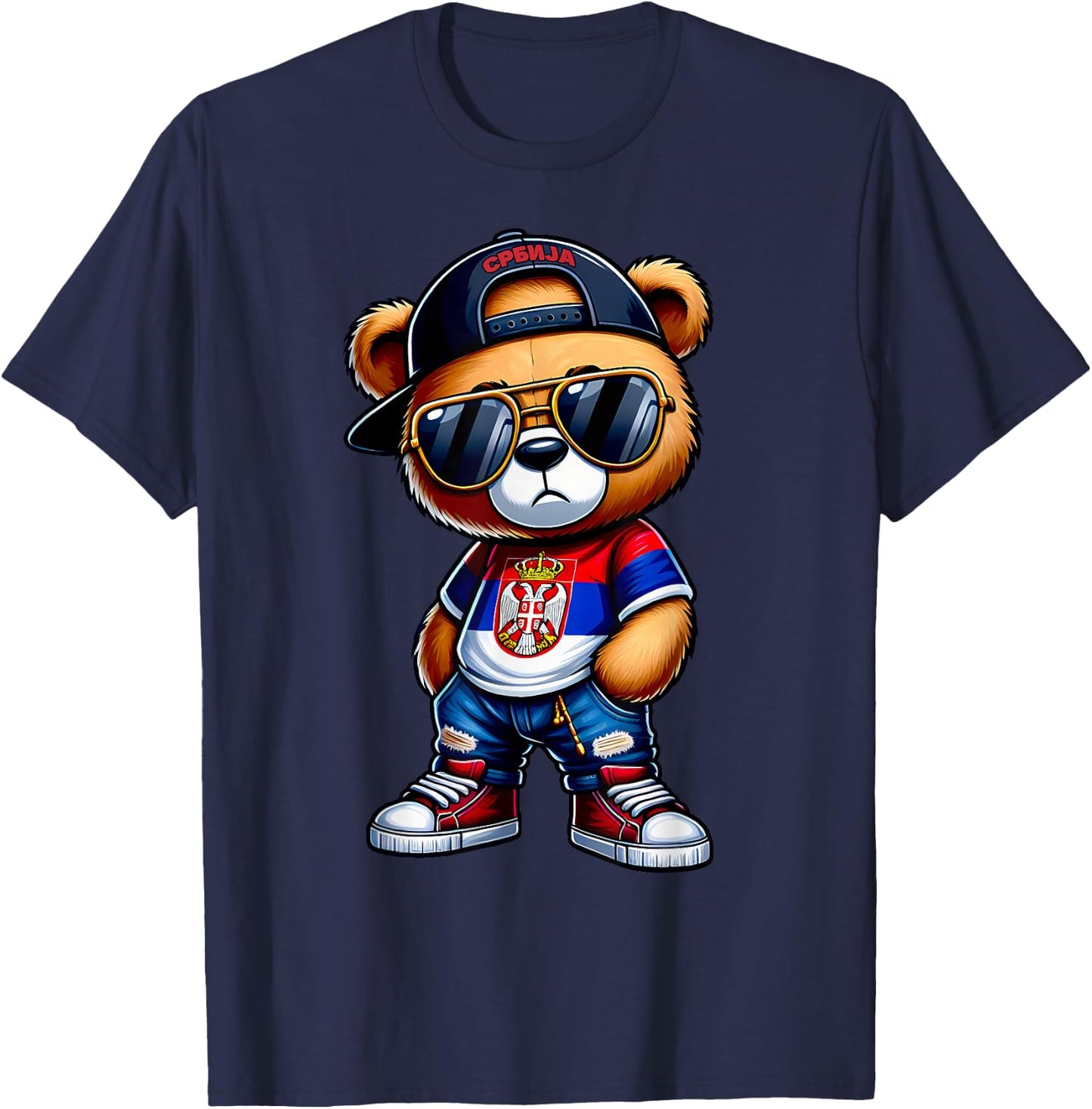 Cute Serbian Teddy Bear with Serbia Flag Yugoslavia Gift T-Shirt - T-Shirt | Navy
