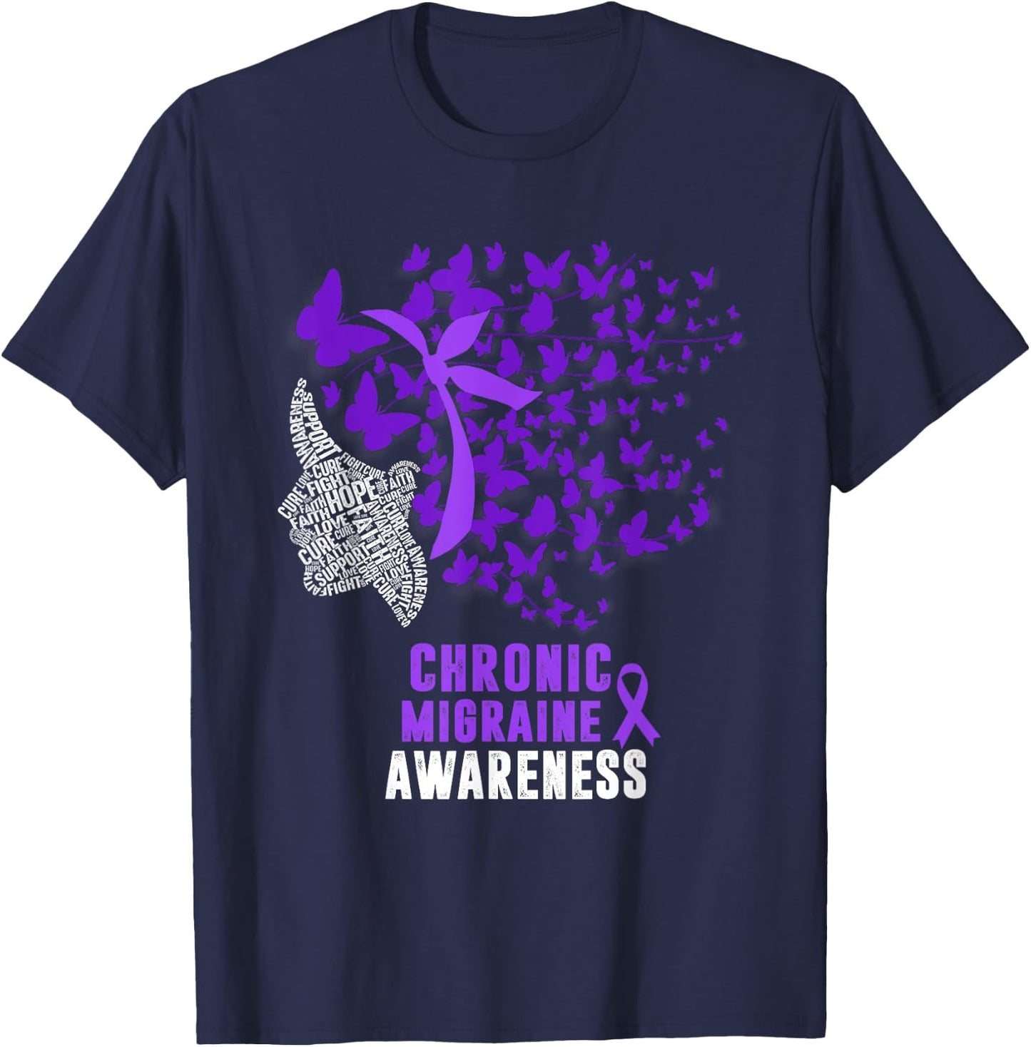 Chronic Migraine Awareness Month Butterfly Purple Ribbon T-Shirt - T-Shirt | Navy