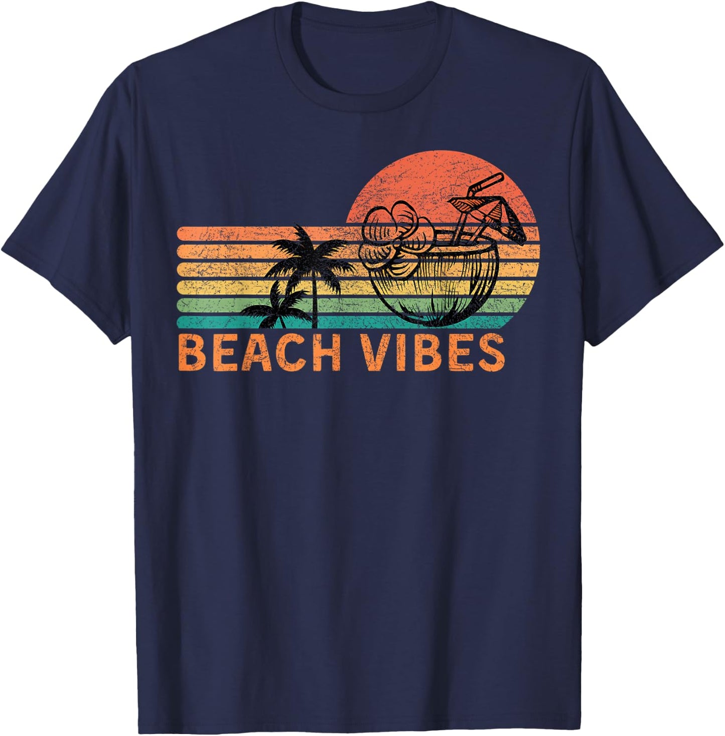 Vintage Beach Vibes Coconut Cocktail Palm Trees Retro Sunset Men Women T-Shirt - T-Shirt | Navy