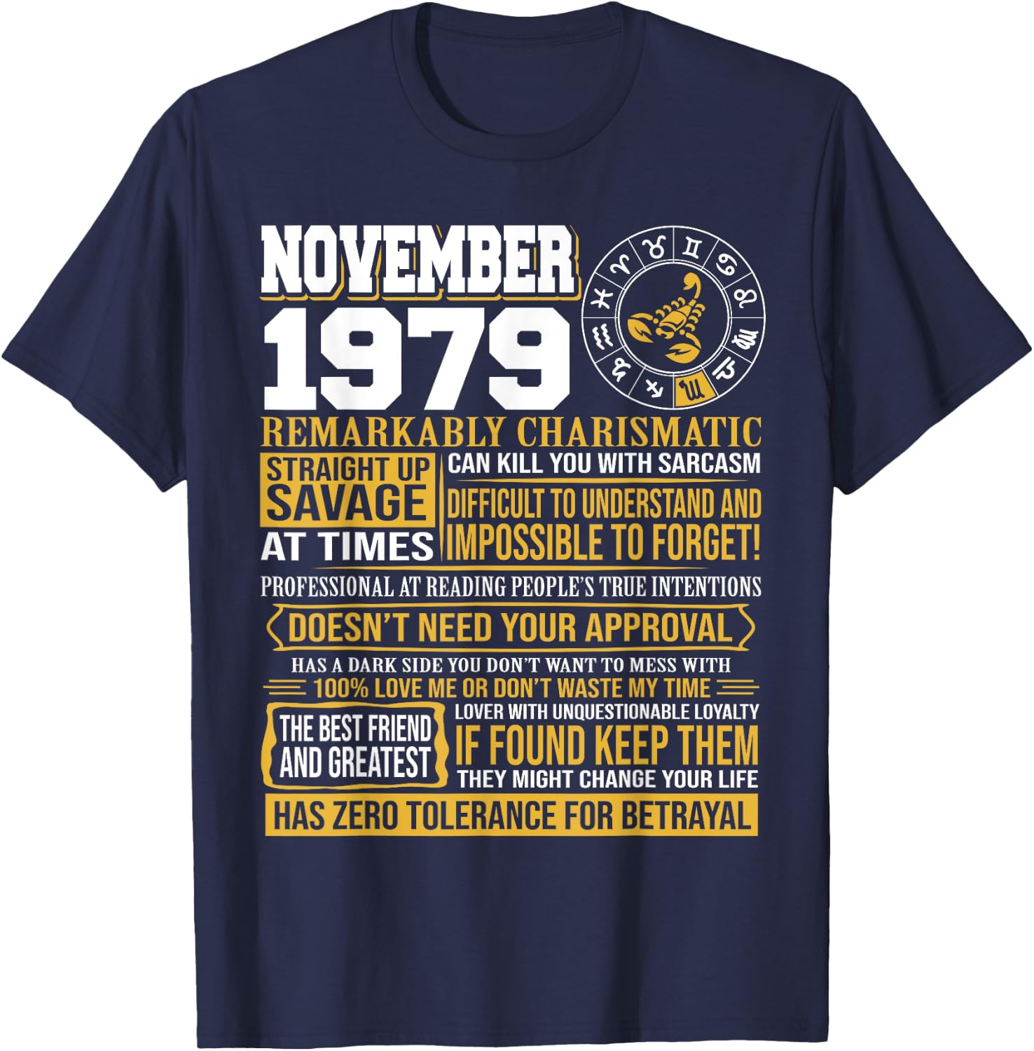 November Birthday Gifts - Born November Scorpio 1979 Funny T-Shirt - T-Shirt | Navy