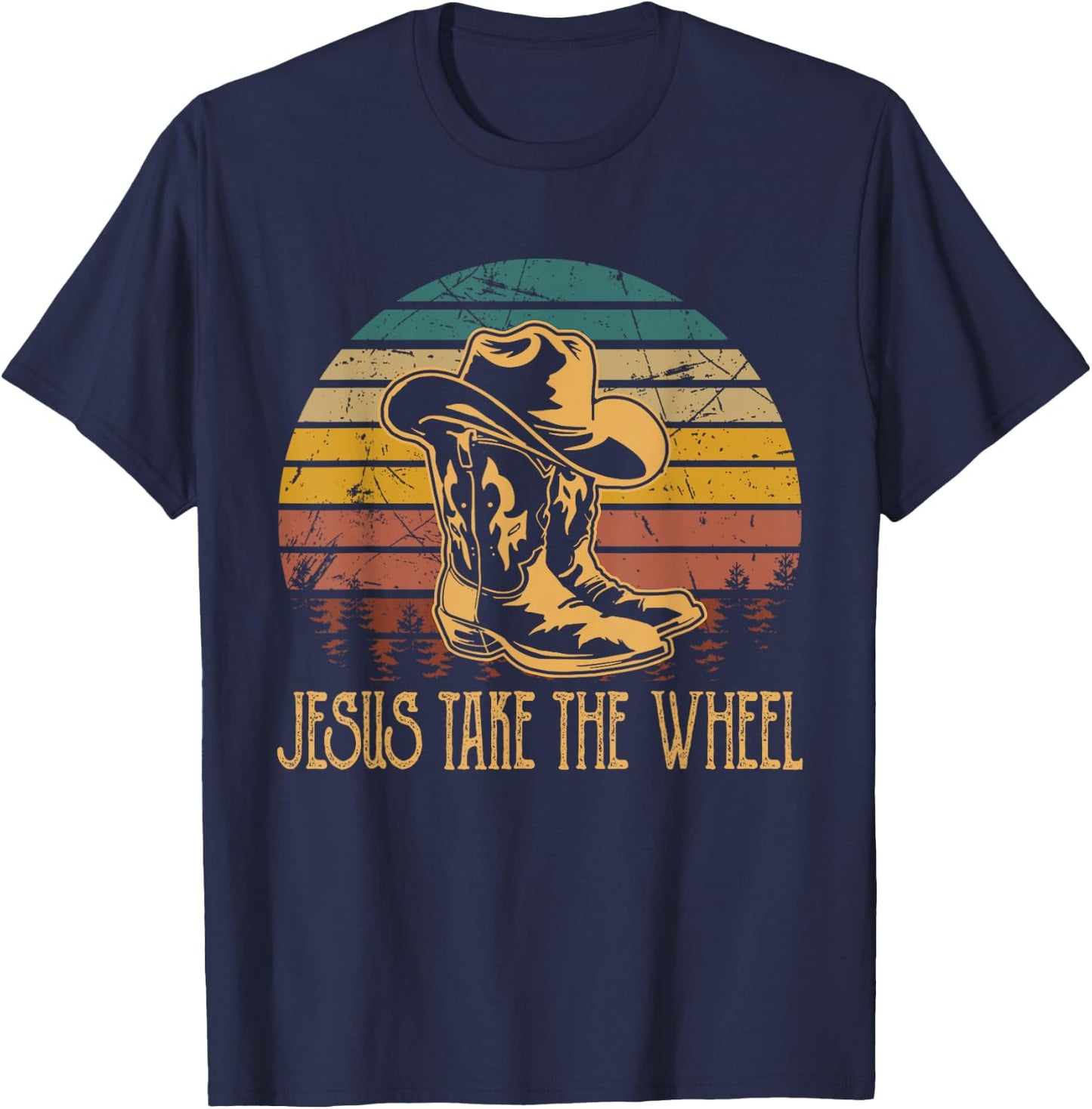 Vintage Funny Music Designs Jesus Take The Wheel Western Horse Riding T-Shirt - T-Shirt | Navy