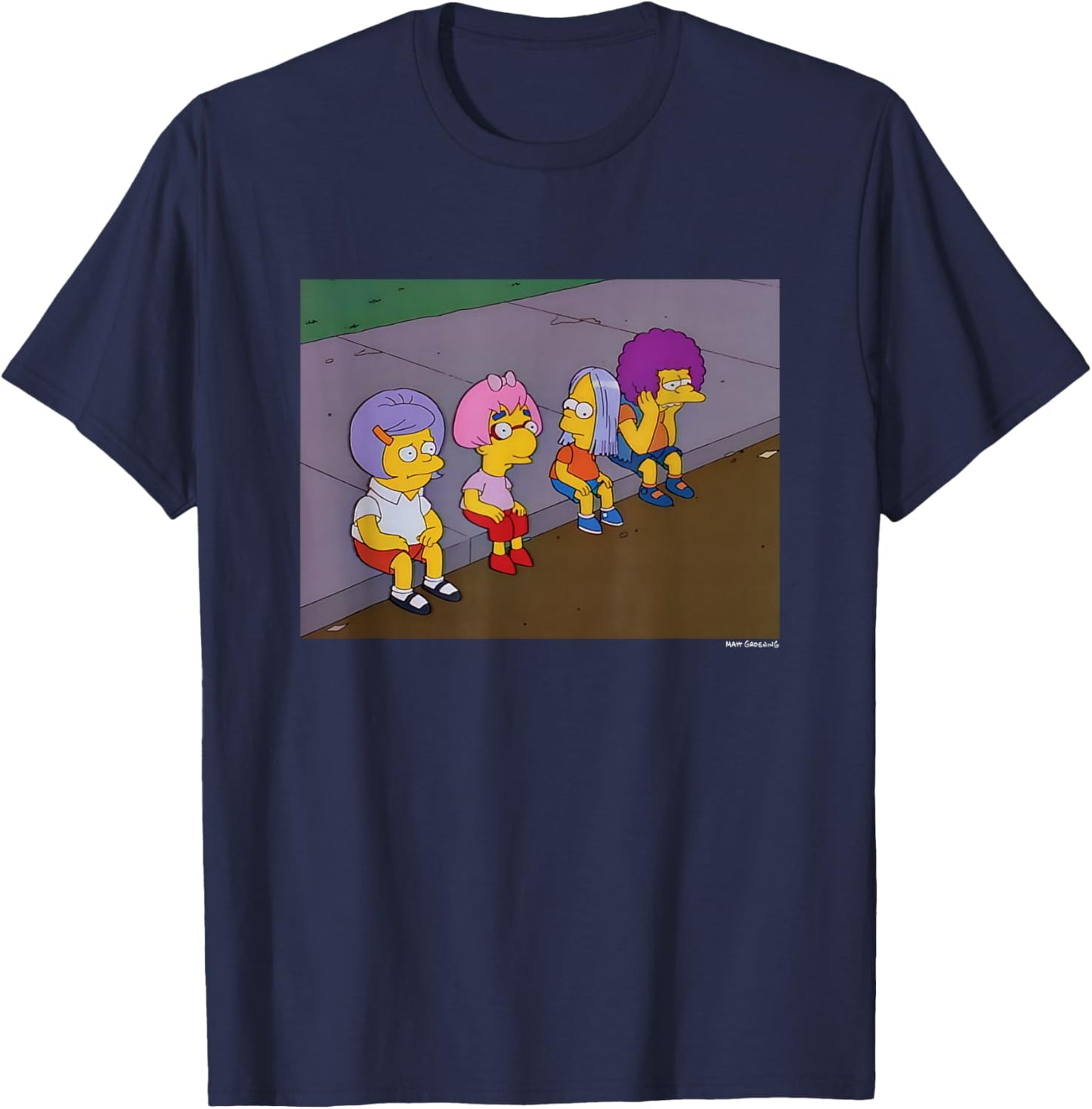The Simpsons Iconic Characters Road Wigs Group Shot Logo T-Shirt - T-Shirt | Navy