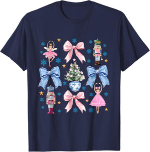 Coquette Pink Blue Bow Nutcracker Xmas Merry Christmas T-Shirt - T-Shirt | Navy