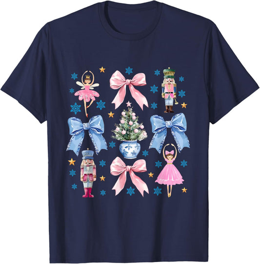 Coquette Pink Blue Bow Nutcracker Xmas Merry Christmas T-Shirt - T-Shirt | Navy