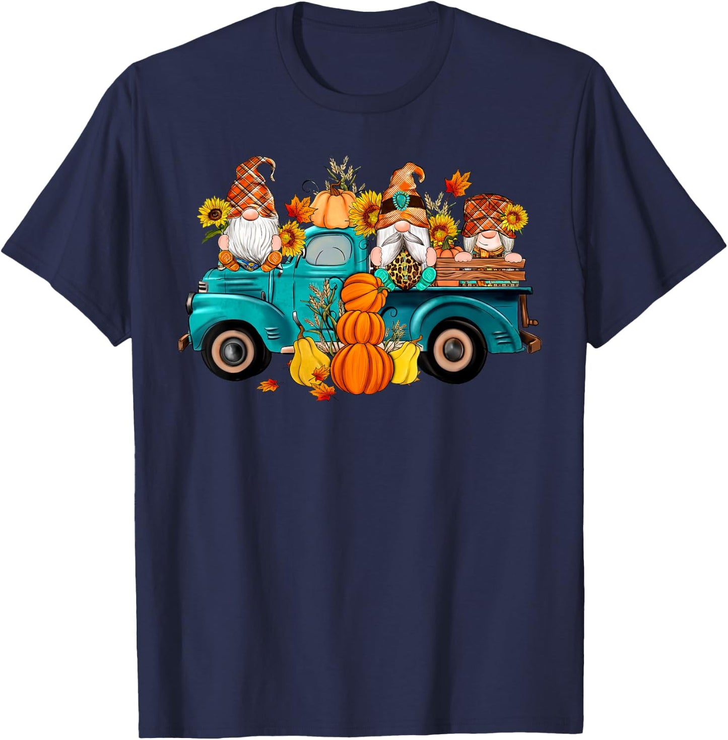 Cute Gnomes Truck Sunflower Pumpkin Fall Autumn Season T-Shirt - T-Shirt | Navy