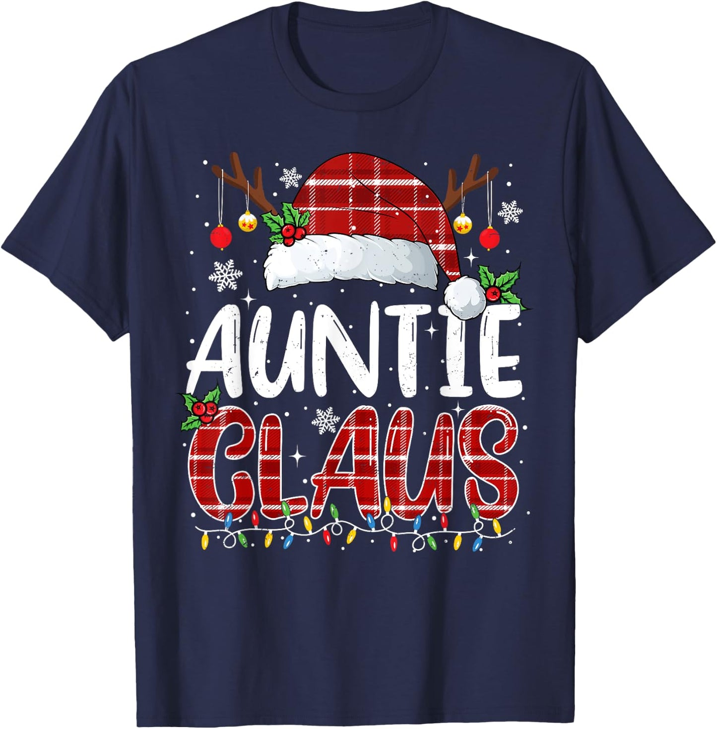 Auntie Claus Christmas Lights Pajama Family Matching T-Shirt - T-Shirt | Navy