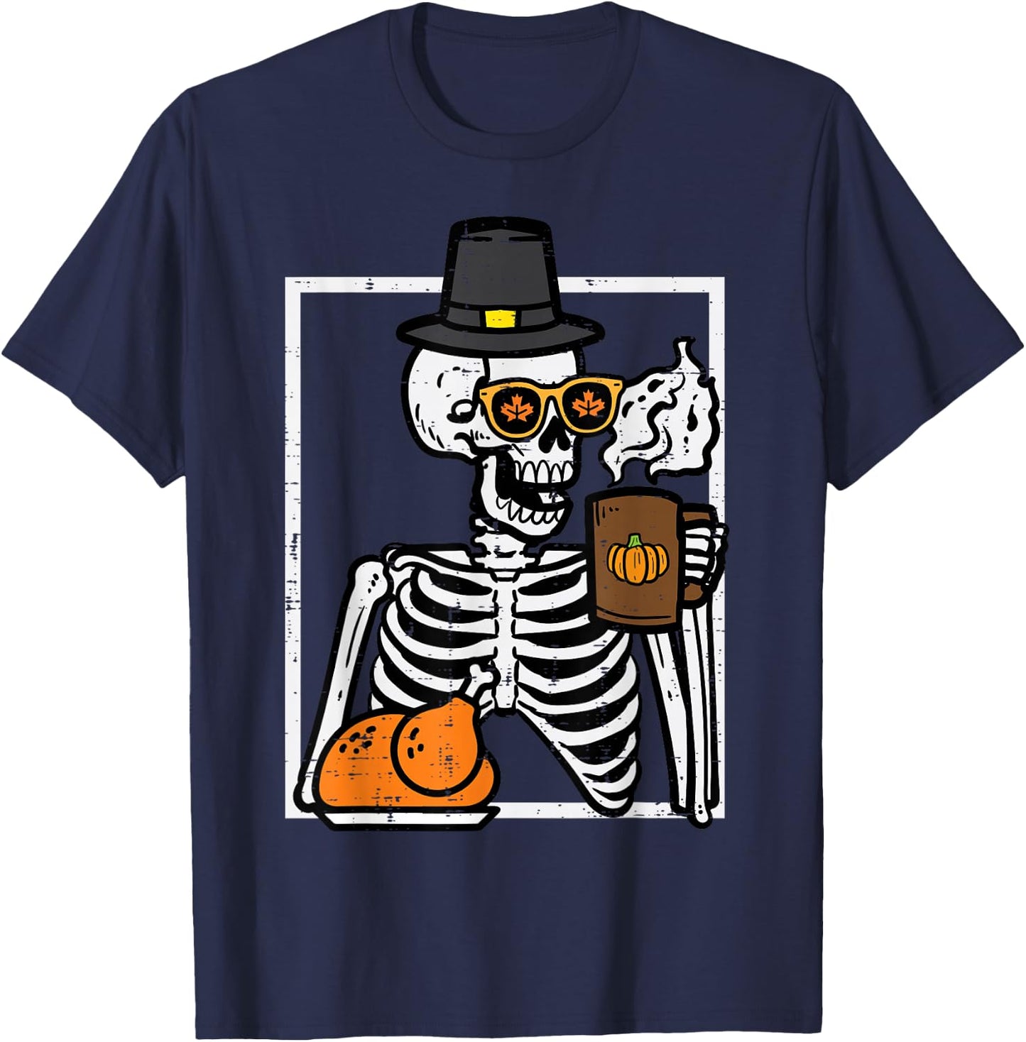 Thanksgiving Skeleton Coffee Funny Fall Men Women Kids T-Shirt - T-Shirt | Navy