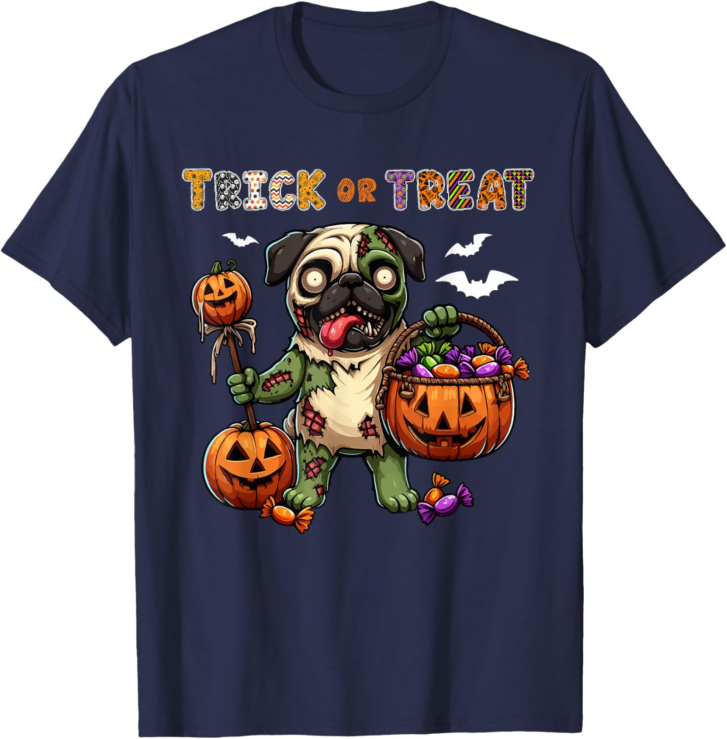 Trick Or Treat Costume Pug Horror Zombie Halloween Candies T-Shirt - T-Shirt | Navy