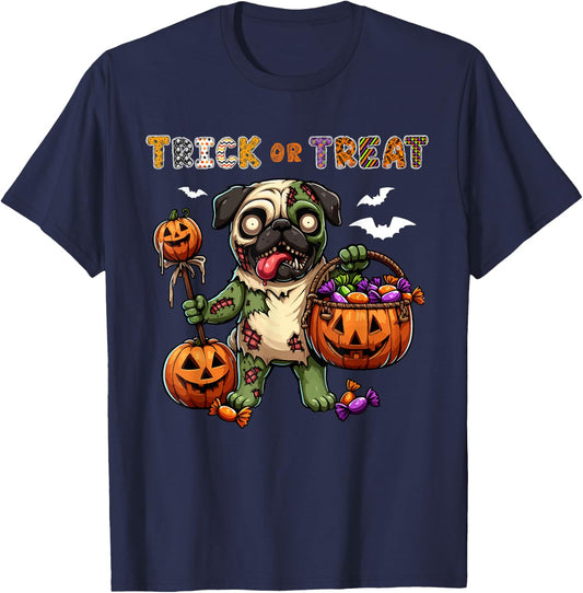 Trick Or Treat Costume Pug Horror Zombie Halloween Candies T-Shirt - T-Shirt | Navy