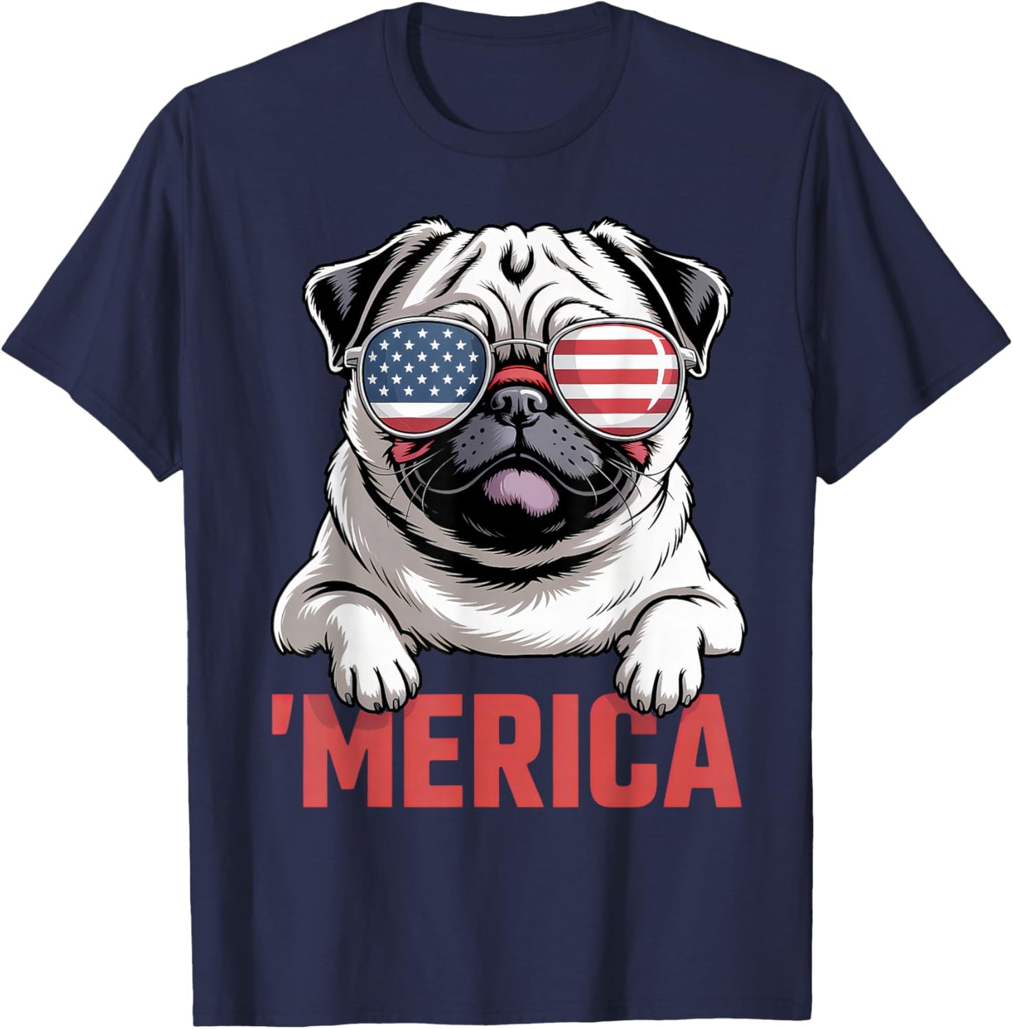 Merica Pug American Flag Patriotic USA Dog Lover Men Women T-Shirt - T-Shirt | Navy