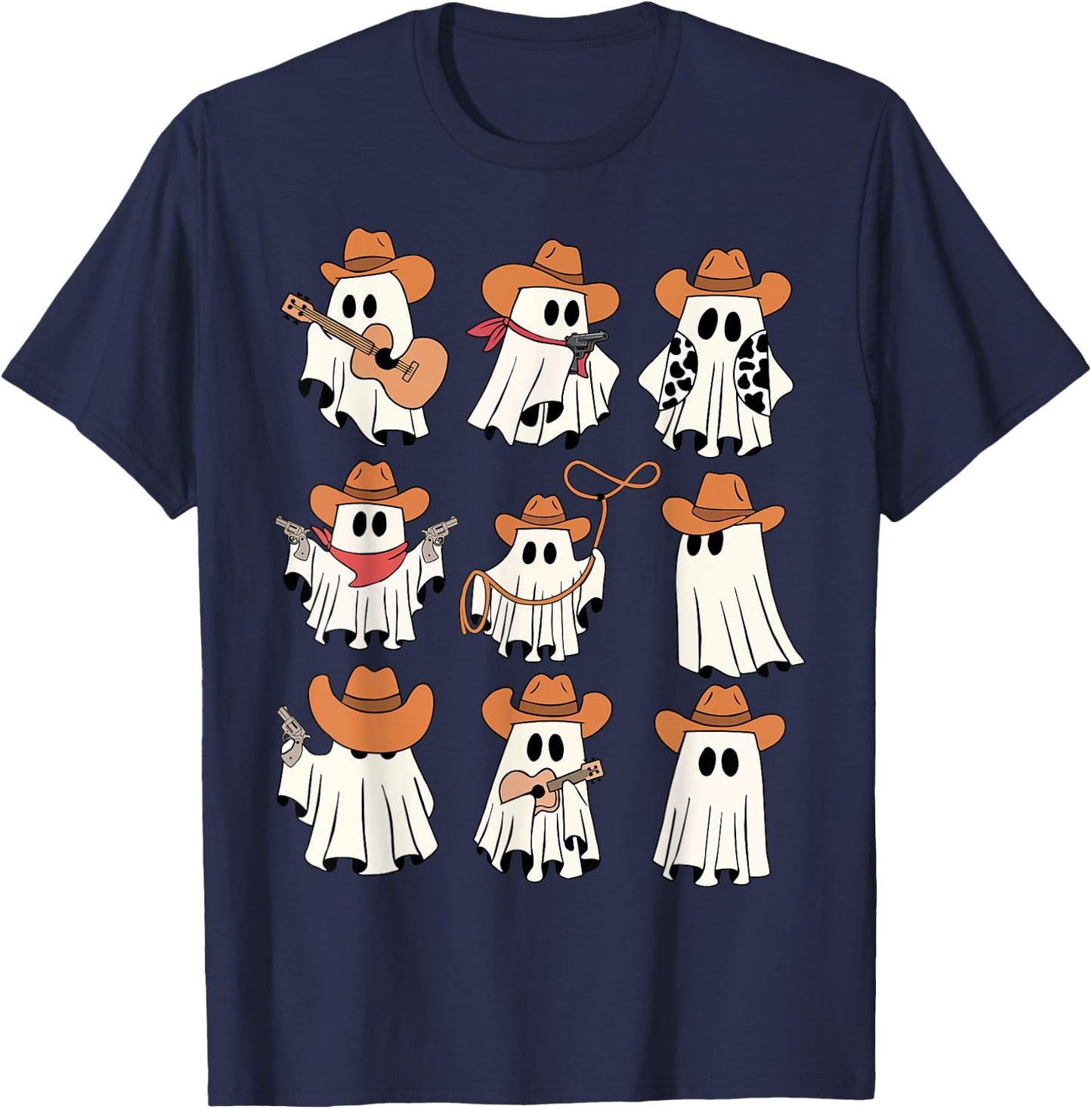 Retro Western Halloween Cowboy Ghost Collage Spooky Season T-Shirt - T-Shirt | Navy