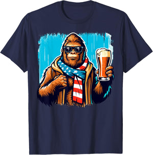 Bigfoot Holding Beer USA Flag Sasquatch 4th of July T-Shirt - T-Shirt | Navy