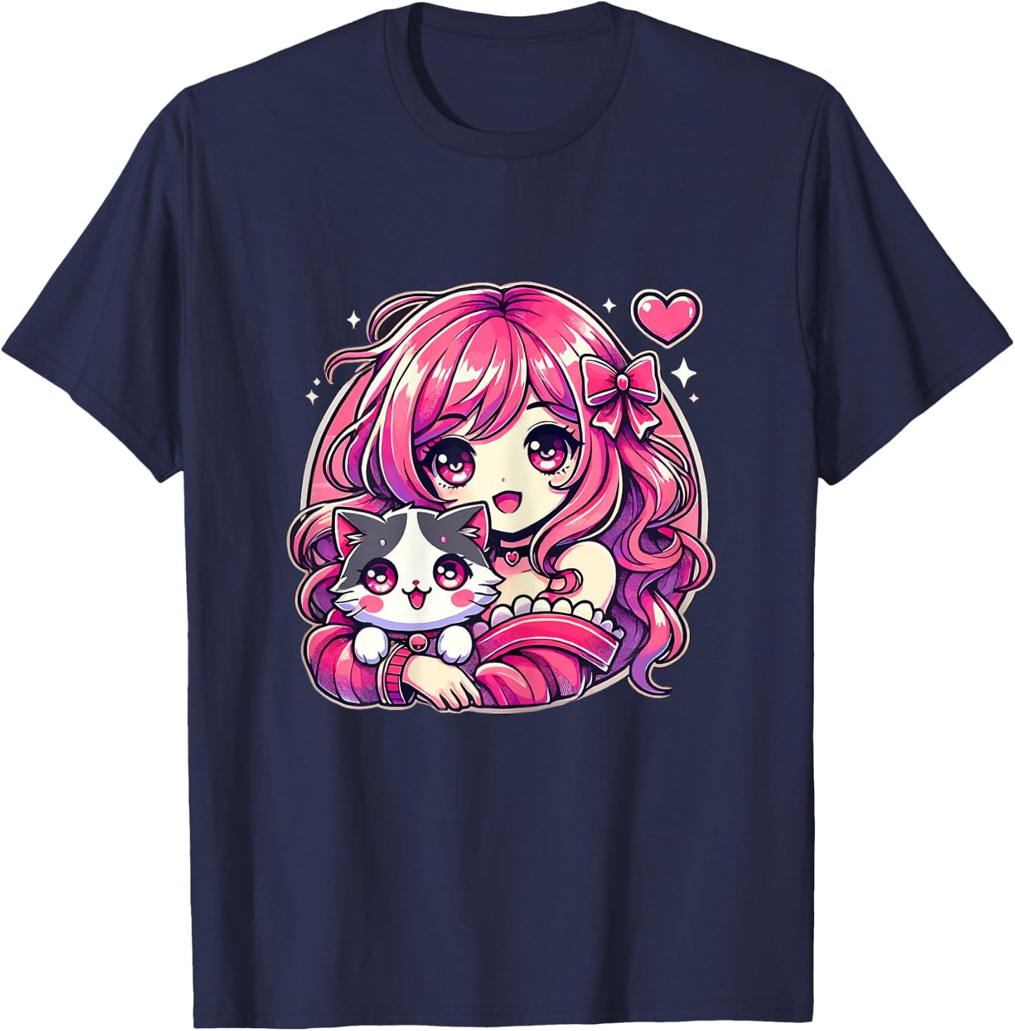 Anime Girl and Cat Kawaii Manga Girl T-Shirt - T-Shirt | Navy