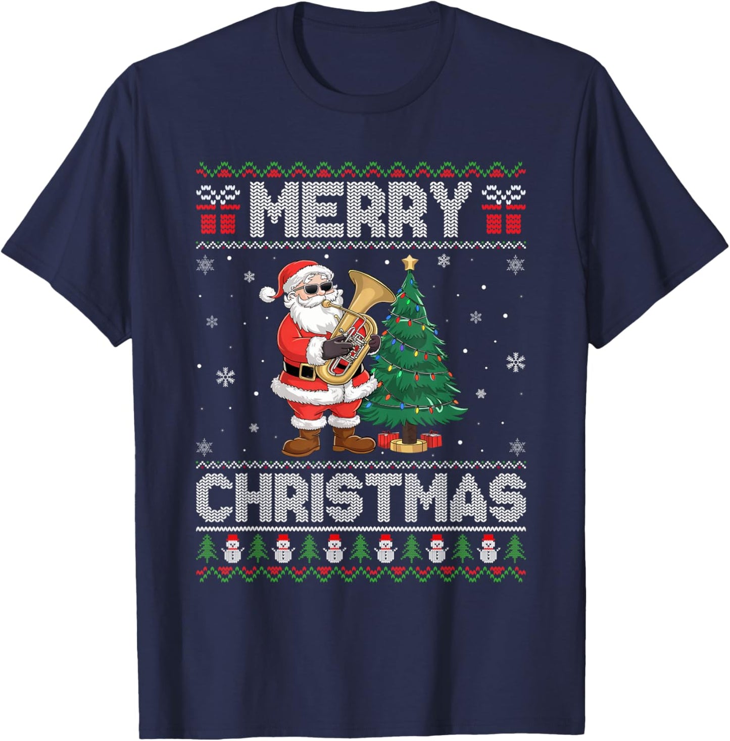 Santa Playing Tuba Men Women Kids Ugly Christmas T-Shirt - T-Shirt | Navy