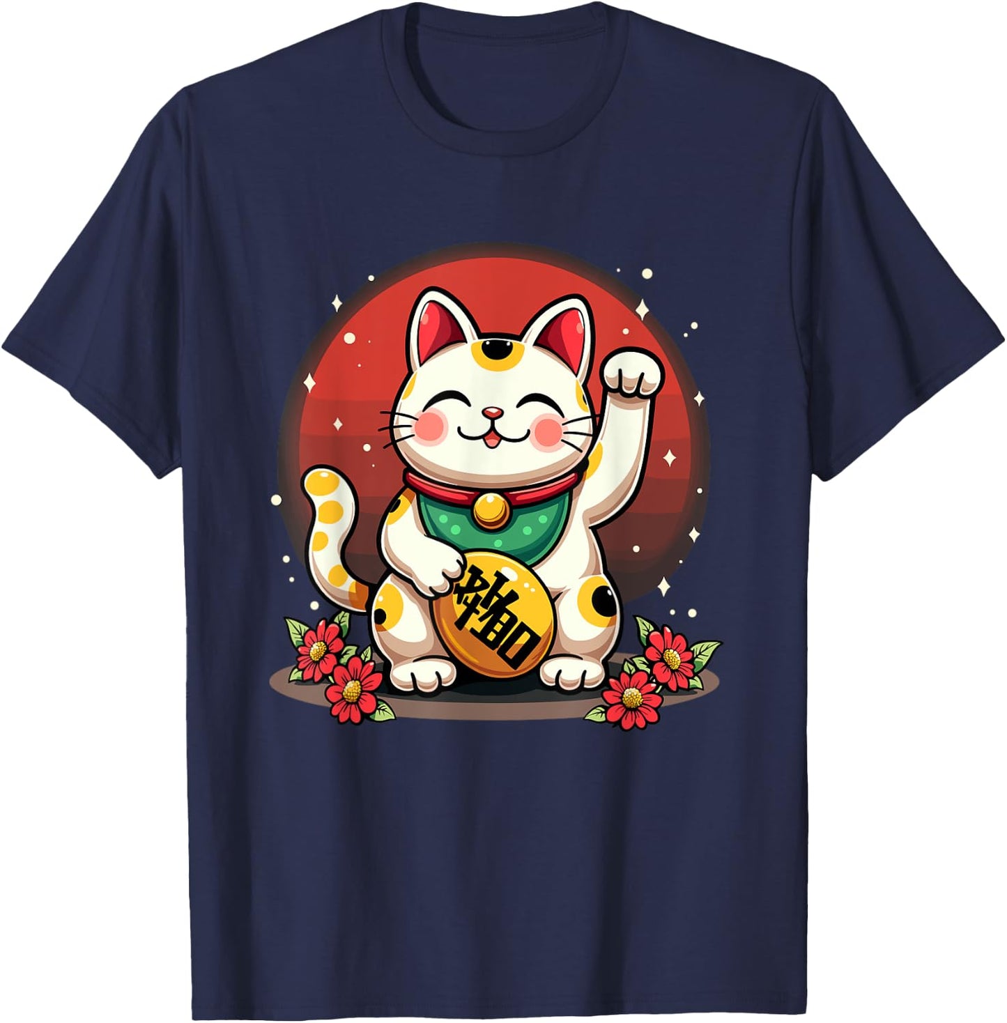 Maneki Neko Japanese Cat Chinese Feng Shui Wealth Caller T-Shirt - T-Shirt | Navy