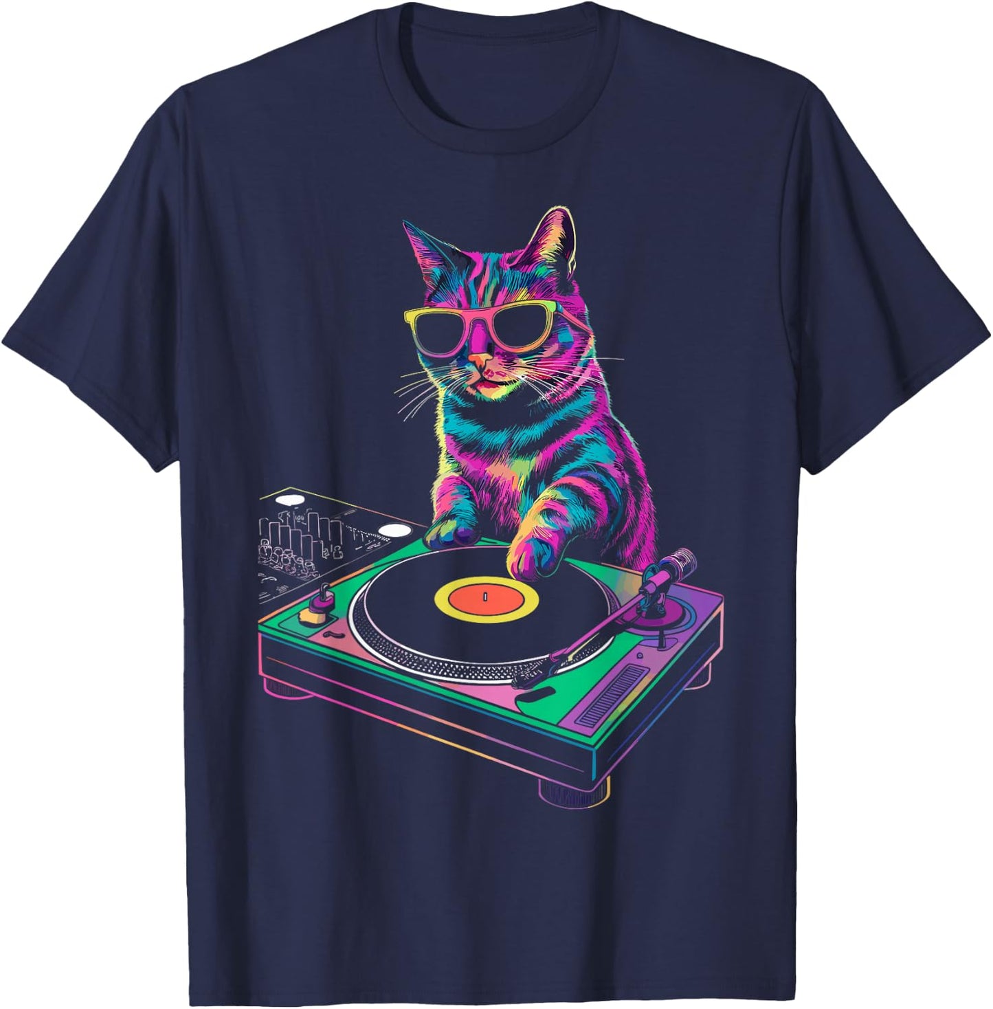 House DJ Cat Rainbow DJ Cat Kitty on Turntable Disco DJ Cat T-Shirt - T-Shirt | Navy