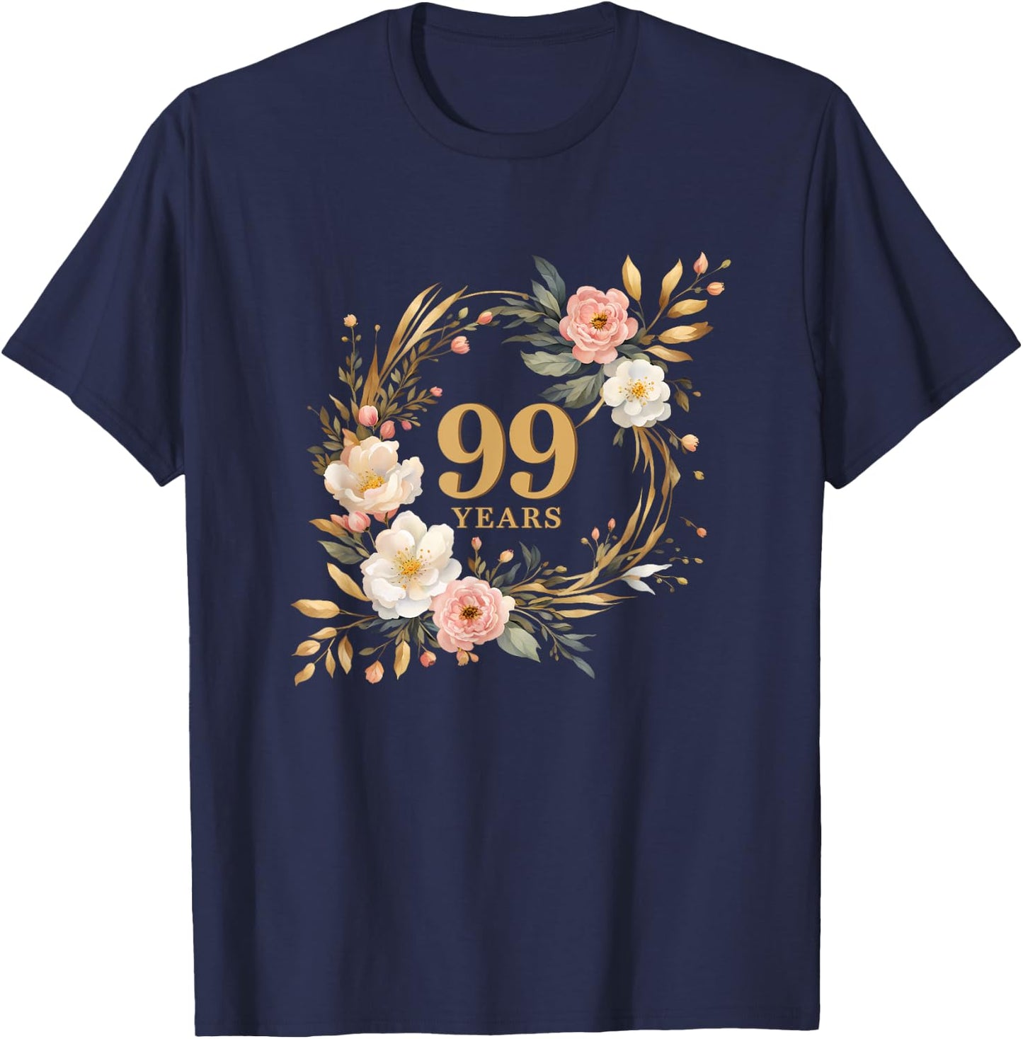 99 Years Celebration Watercolor Birthday Floral T-Shirt - T-Shirt | Navy