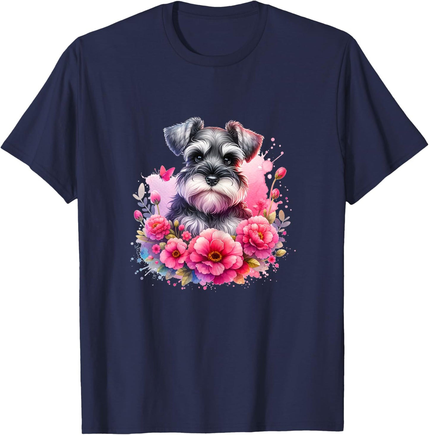 Watercolor Cute Miniature Schnauzer Dog Mom Pink Flowers T-Shirt - T-Shirt | Navy