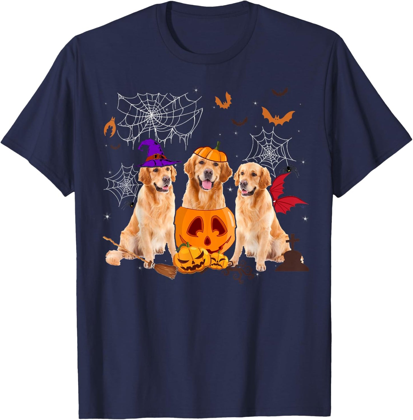 Funny Pumpkin Witch Golden Retriever Dog Halloween Gifts Women Kids T-Shirt - T-Shirt | Navy