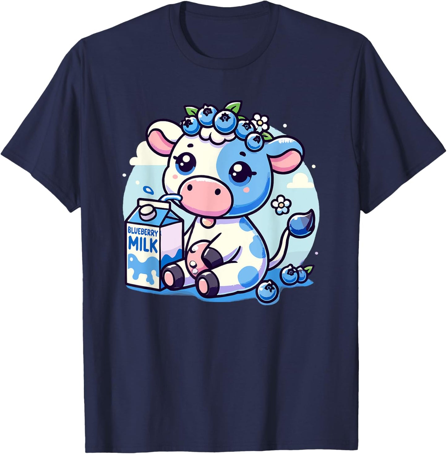 Cute Kawaii Blueberry Milk Cow Animal Milkshake T-Shirt - T-Shirt | Navy