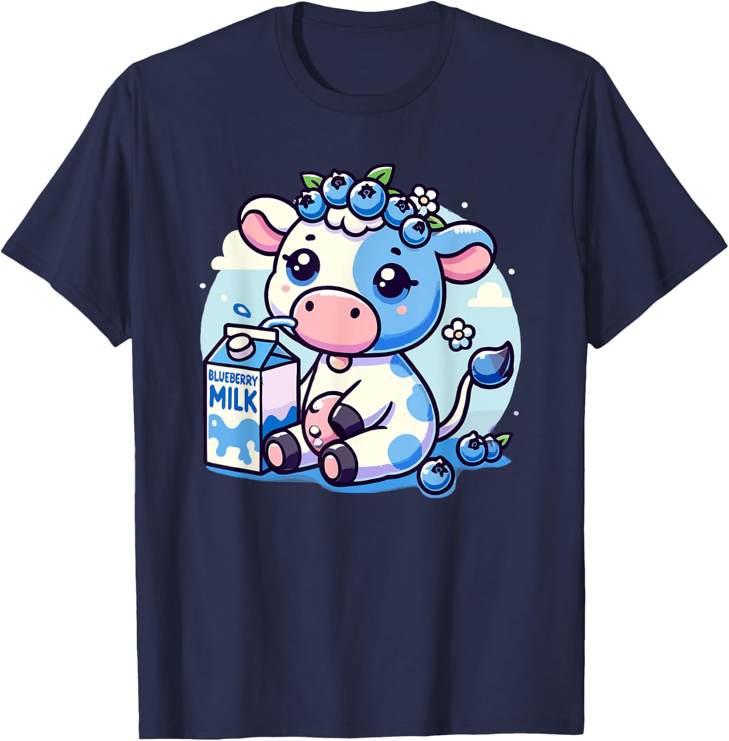 Cute Kawaii Blueberry Milk Cow Animal Milkshake T-Shirt - T-Shirt | Navy