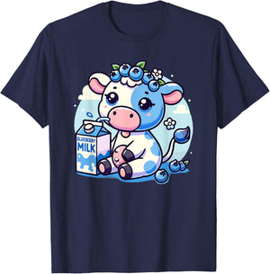 Cute Kawaii Blueberry Milk Cow Animal Milkshake T-Shirt - T-Shirt | Navy