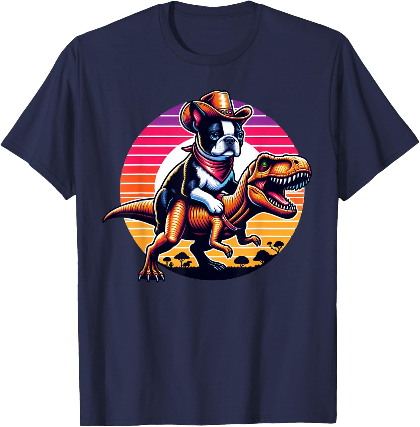 Boston Terrier Wearing A Cowboy Hat On T-Rex T-Shirt - T-Shirt | Navy