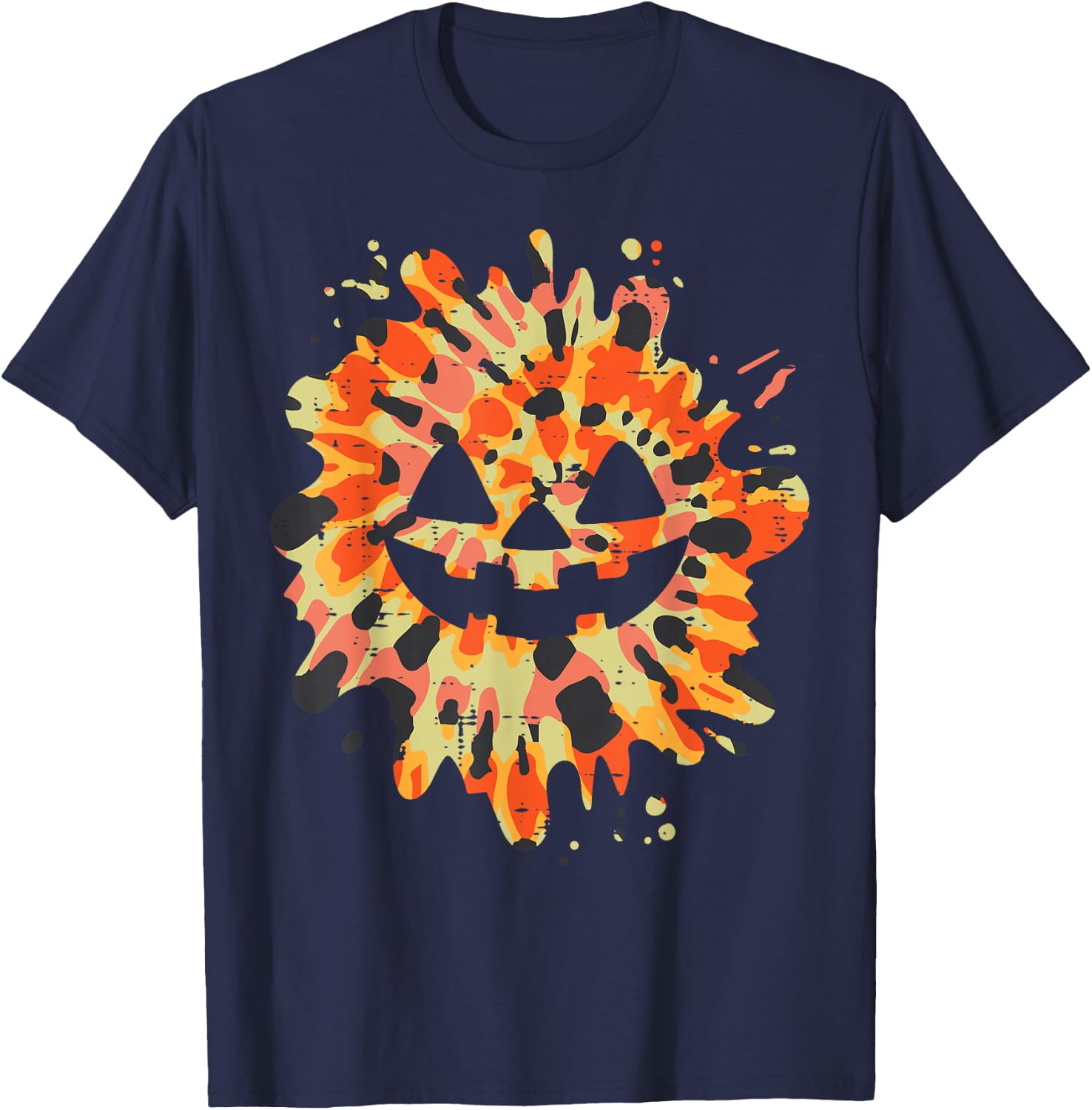 Orange Tie Dye Pumpkin Face Jack O Lantern Halloween Hippie T-Shirt - T-Shirt | Navy