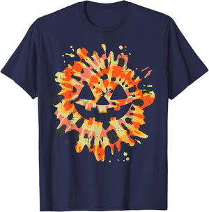 Orange Tie Dye Pumpkin Face Jack O Lantern Halloween Hippie T-Shirt - T-Shirt | Navy