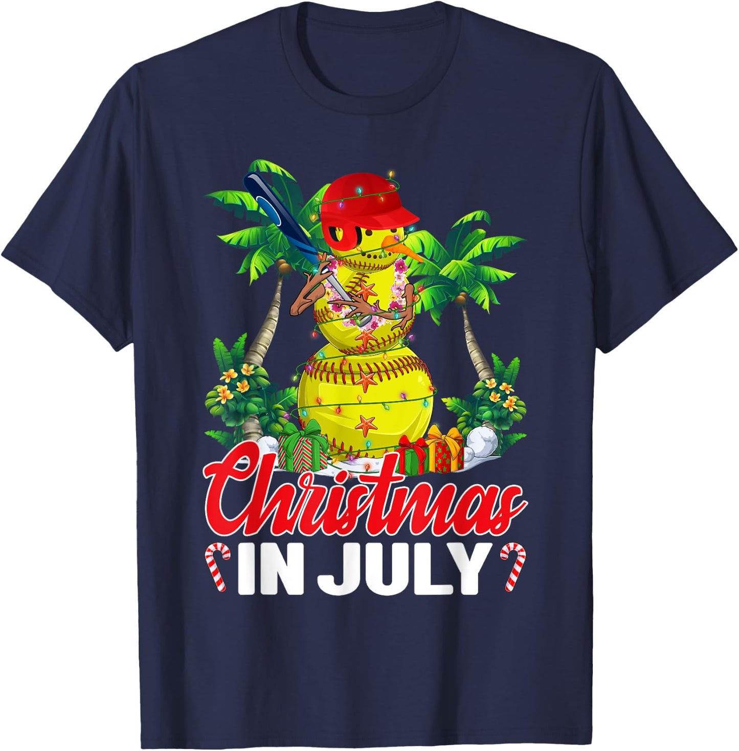 Funny Softball Santa Hat Hawaiian Christmas In July Summer T-Shirt - T-Shirt | Navy