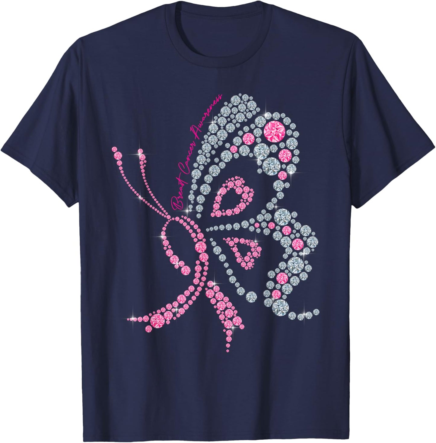 Breast Cancer Awareness Pink Butterfly Warrior Supporter T-Shirt - T-Shirt | Navy