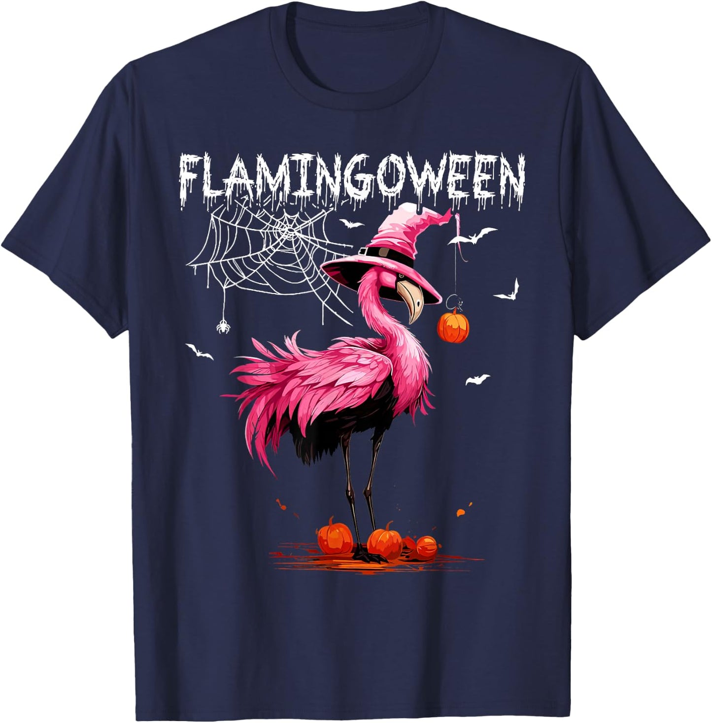 Flamingoween Pink Flamingo Witch Hat Pumpkin Halloween T-Shirt - T-Shirt | Navy